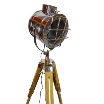 Stylowa żeglarska lampa kierunkowa z metalu na drewnianym, regulowanym trójnogu, marynistyczny reflektor 180cm