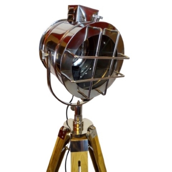 Stylowa żeglarska lampa kierunkowa z metalu na drewnianym, regulowanym trójnogu, marynistyczny reflektor 180cm
