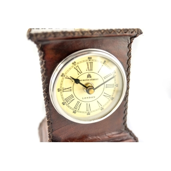Mosiężno - skórzany zegar SOLID - CLK-0542, 11.5x5.5x16cm