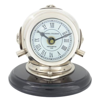 Mosiężny zegar marynistyczny „Hełm nurka” na drewnianej podstawie