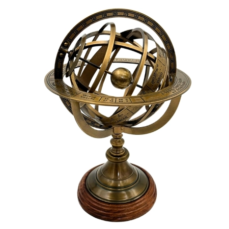 Astrolabium mosiężne na drewnianej podstawie 28 cm – dekoracja vintage – ARM-0038