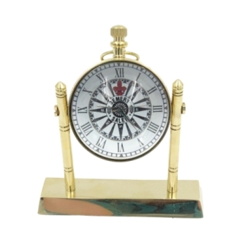 Mosiężny, żeglarski zegar na drewnianej podstawie
