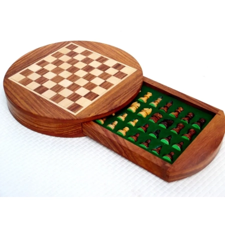 Szachy drewniane magnetyczne w okrągłym pudełku – G622