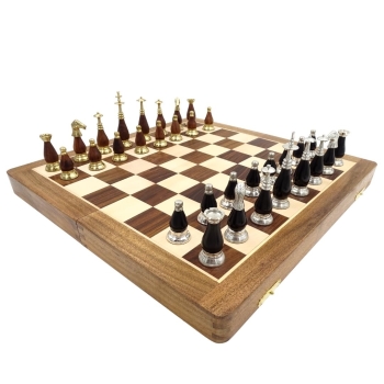 Stylowy zestaw szachowy - Szachy mosiądz i drewno 40cm