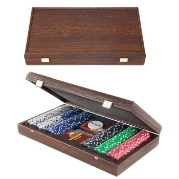 Ekskluzywny zestaw do gry w pokera (300 żetonów, 2 talie kart, kości) w pudełku z wysokiej jakości drewna