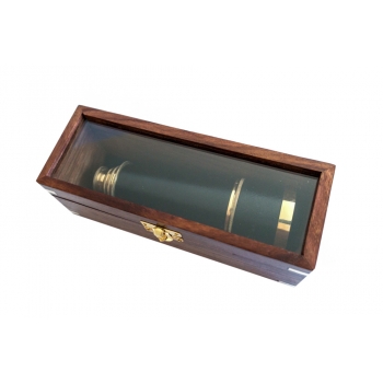 Stylowa luneta kapitańska 5-częściowa z mosiądzu w drewnianym, przeszklonym pudełku