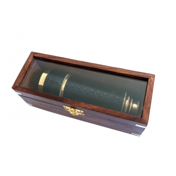 Stylowa luneta kapitańska 5-częściowa z mosiądzu w drewnianym, przeszklonym pudełku