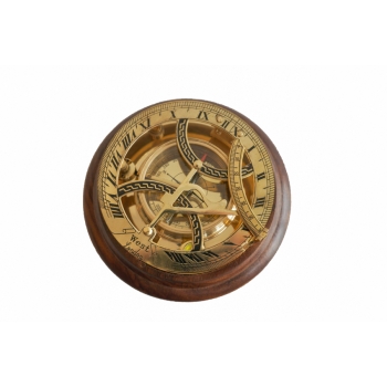 Żeglarski zegar słoneczny z kompasem z mosiądzu na drewnianej podstawie - prezent dla Żeglarza, dekoracja marynistyczna